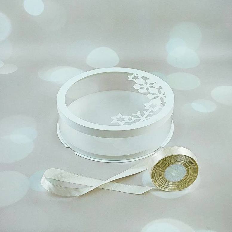 Runde transparente Box D250, h60 mm,weiße, Schneeflocke